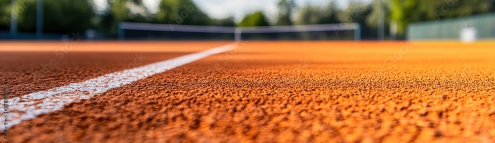 Poster Close-up view of a clay tennis court's surface with a white line, blurred background showing a net and trees.