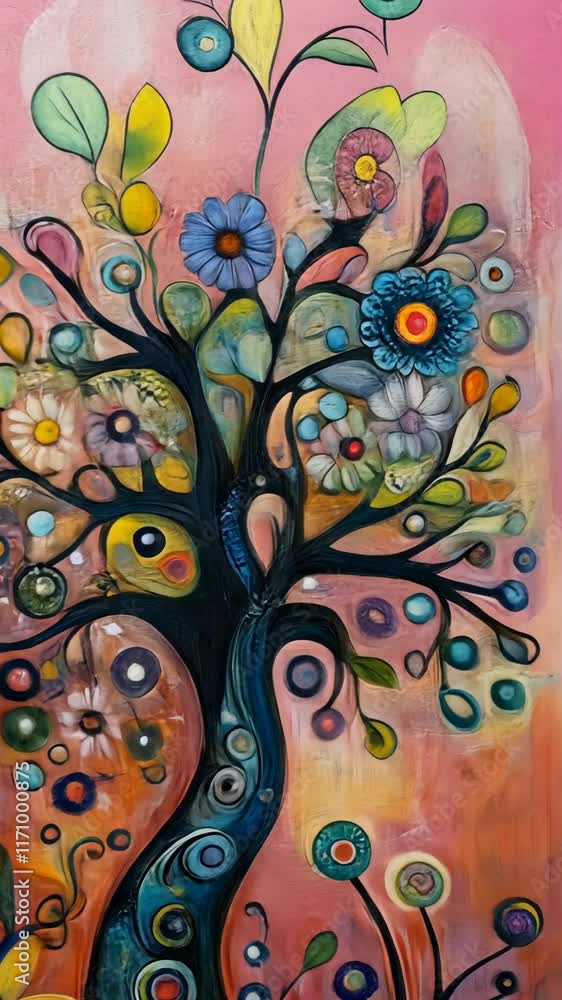 Poster artistic depiction of a vibrant tree with flowers and circular patterns on a colorful background