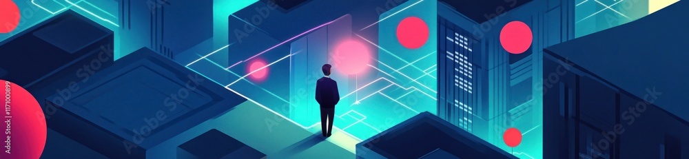 Poster Man standing in futuristic city with glowing digital structures and data points.