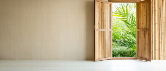 Interior open door, window landscape. Open bamboo doors revealing a lush green garden outside a...