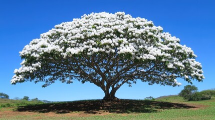 Botanical wonder: a blooming white ipe tree with lush, vibrant flowers against a serene, clear blue sky.