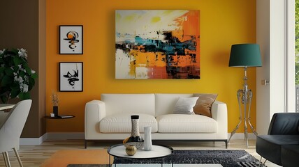 Fototapeta premium Modern Living Room with White Sofa, Yellow Wall Art, Orange Abstract Painting