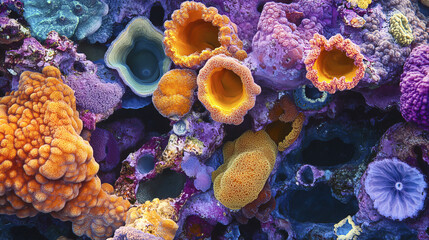 Fototapeta premium Vibrant coral reef with colorful sea sponges and diverse marine life