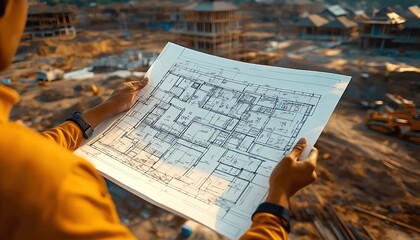 Worker holding architectural blueprints for house construction, construction site background, building in progress, detailed construction plans, project management focus