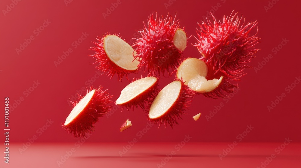 Poster floating ram-butan fruit slices against a red background.