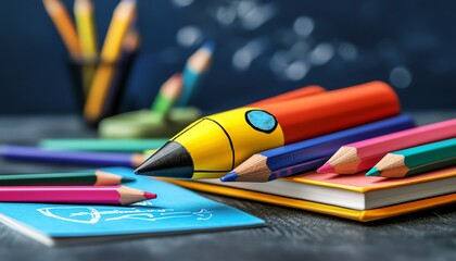 Books, pencils, and a rocket sketch on notebook for back to school, educational environment, vibrant classroom setting, exploring learning and discovery