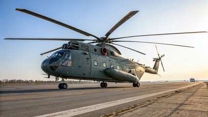 Fototapeta premium Mighty Soviet Helicopter in Flight, Spacious Right-Side Composition