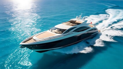 Luxury yacht glides across turquoise waters, leaving a mesmerizing wake. Sun-kissed waves and clear skies.