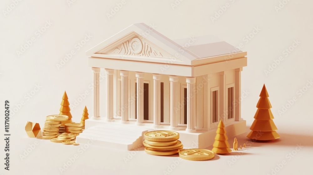 Poster minimalist 3d render of a bank building with gold coins and stylized trees.
