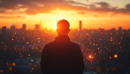 Fototapeta premium Businessman silhouette against sunset, overlooking a futuristic city with digital connections and data flow, representing urban development and technological innovation