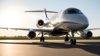 Obraz premium Gleaming private jet poised for takeoff, bathed in the golden sunrise. Luxury travel awaits!