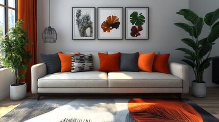 Elegant modern living room with sofa and contemporary décor, 3D rendered for mock-up.