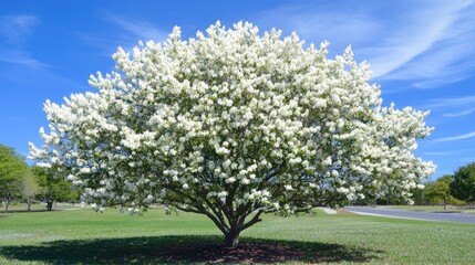 Captivating white ipe tree in full bloom, its delicate flowers contrasting beautifully with the bright blue spring sky.