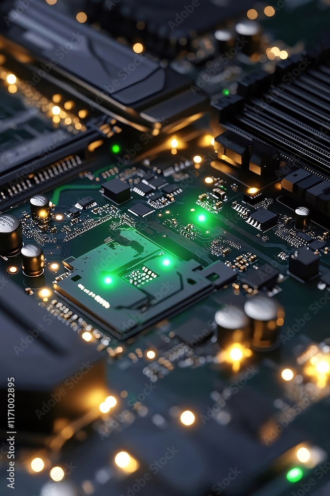 Poster close-up of illuminated circuit board with cpu.