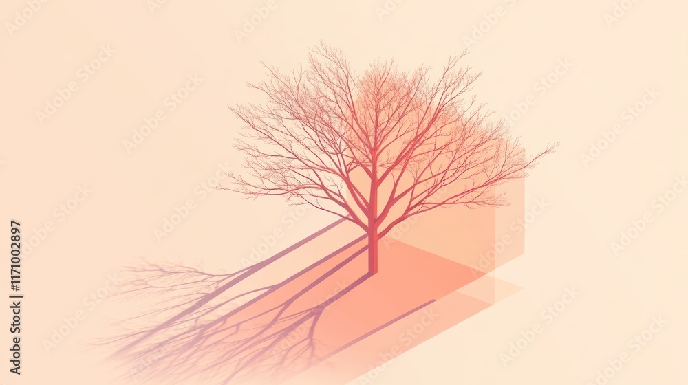 Poster Minimalist illustration of a bare tree casting a long shadow on a peach background.