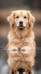 Obraz premium A golden retriever is sitting in a puddle of water