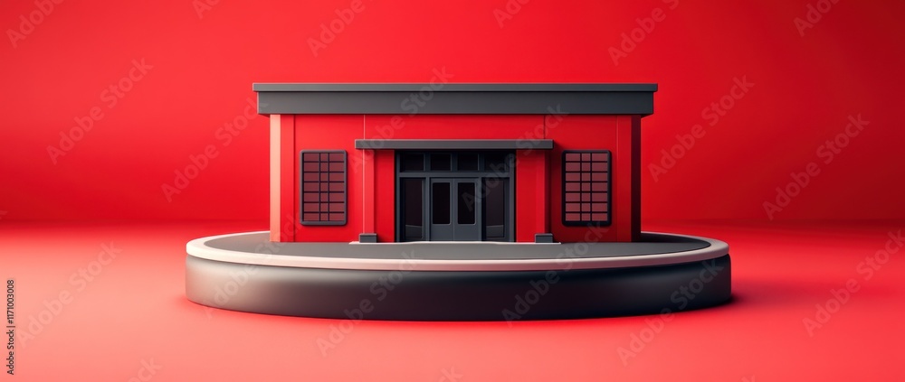 Poster Red minimalist building model on a red background.