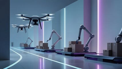 Futuristic city's automated delivery: Drones and robotic arms precisely sort packages along glowing pathways. High-tech ambiance.