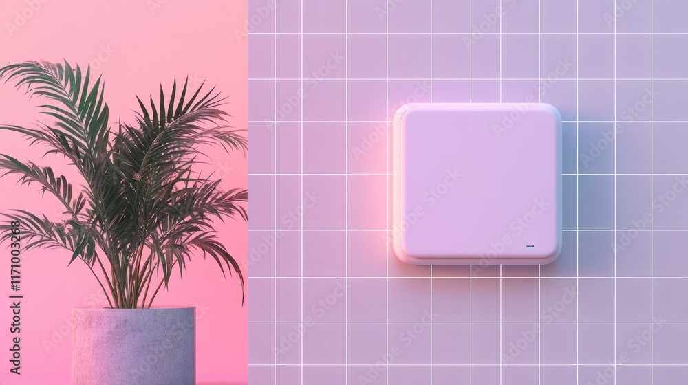 Poster clean 3d design of a futuristic wall box on a pink-grey gradient background with white gridlines, sh