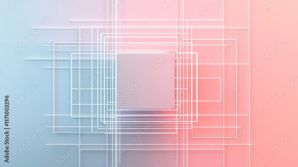 Poster clean 3d design of a futuristic wall box on a pink-grey gradient background with white gridlines, sh
