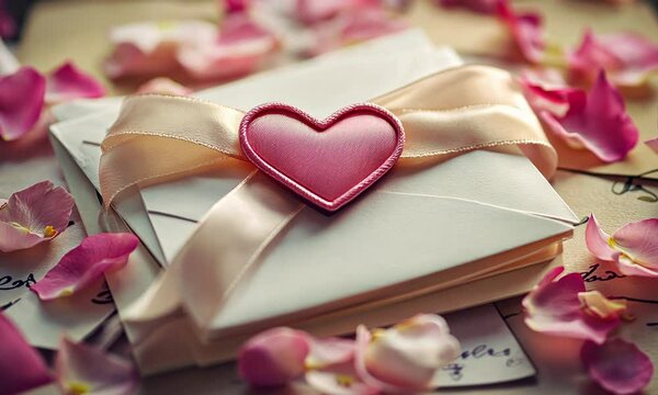 Delicate satin ribbon tied in a heart-shaped bow, placed on a stack of love letters surrounded by petals,
