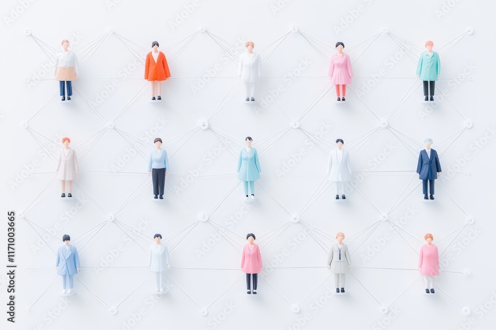 Poster connected: tiny figurines represent a network of individuals linked together, symbolizing the interc