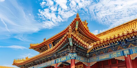 Naklejka premium A vibrant view of traditional Asian architecture under a blue sky.