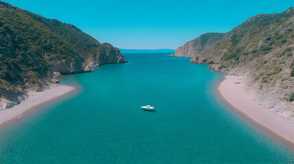 Aerial View Secluded Cove Boat Turquoise Water
