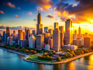 Obraz premium Miniature Chicago Sunrise: Tilt-Shift Cityscape at Dawn