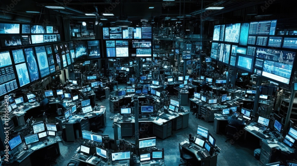 Poster High-angle view of a large, modern control room filled with numerous computer workstations and large screens displaying data.