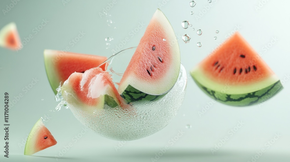 Poster watermelon slices splashing in water sphere.