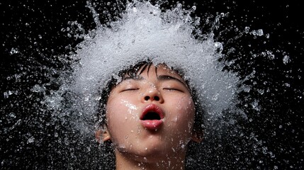 Boy with water splash creating dynamic effect on black background