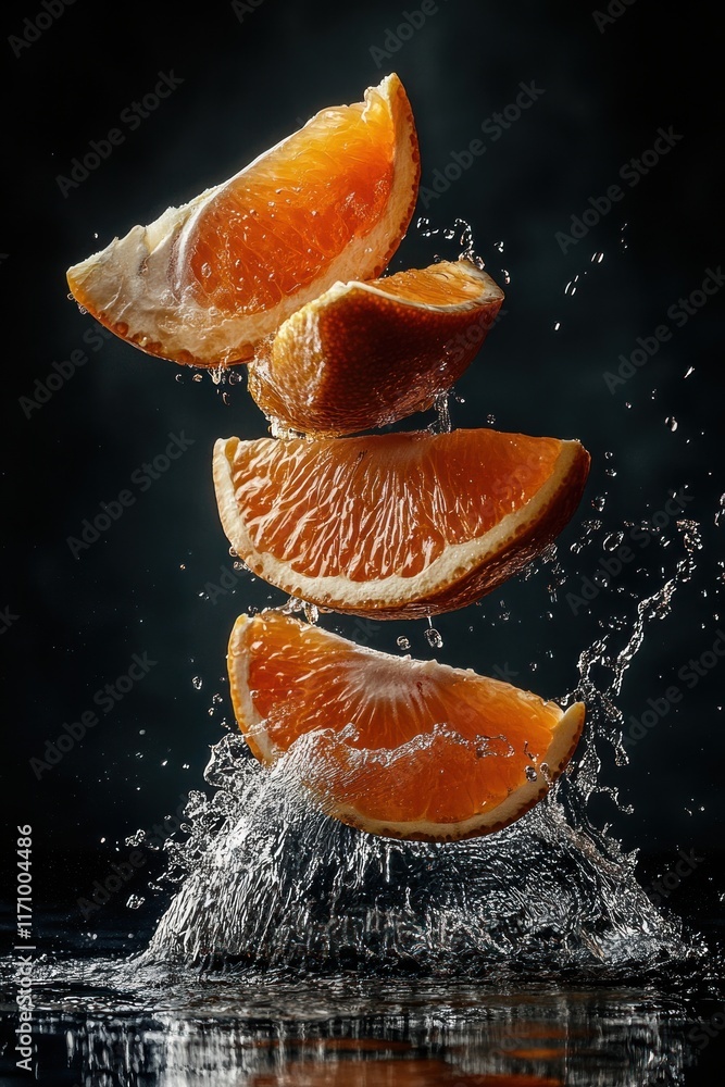 Poster four orange slices splashing into water against a dark background.