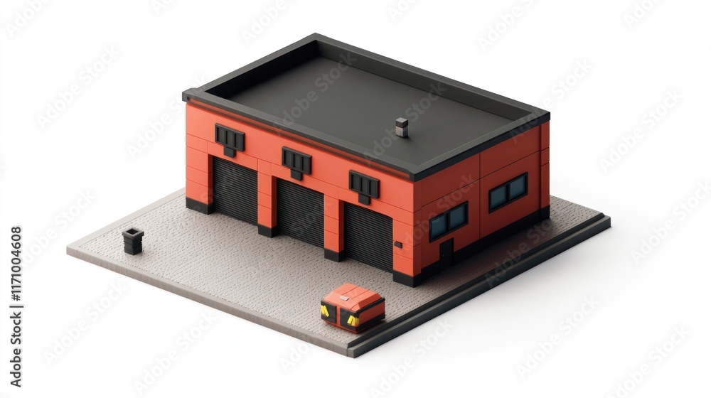 Poster isometric low-poly model of a red industrial building with three garage doors, a small trash can, an