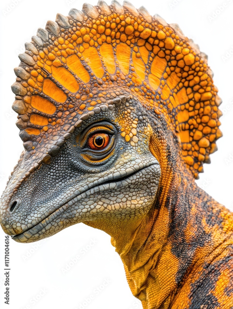 Aufkleber a colorful dinosaur-like creature with a distinctive crest and textured skin.