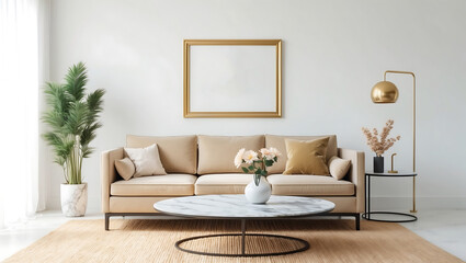 Fototapeta premium Mock up poster frame in Scandinavian style interior. Minimalist living room decoration.