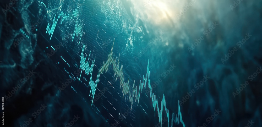 Poster Abstract stock market data visualization; dynamic teal lines on dark background.