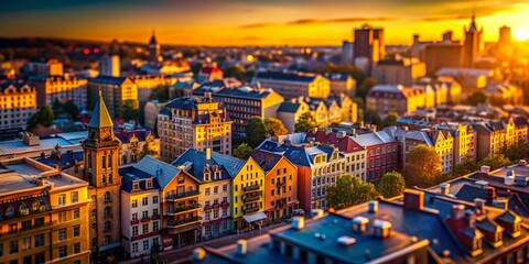 Naklejka premium Miniature Cityscape: Tilt-Shift Photography of Urban Architecture at Sunset