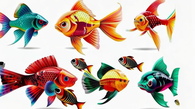 Color 3d fishes, fishing draw shape, coral sea fish shape, detailed generative ai video
