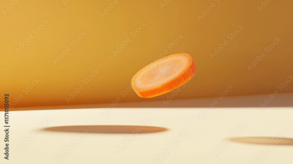 Poster a single, levitating slice of carrot against a muted orange backdrop.