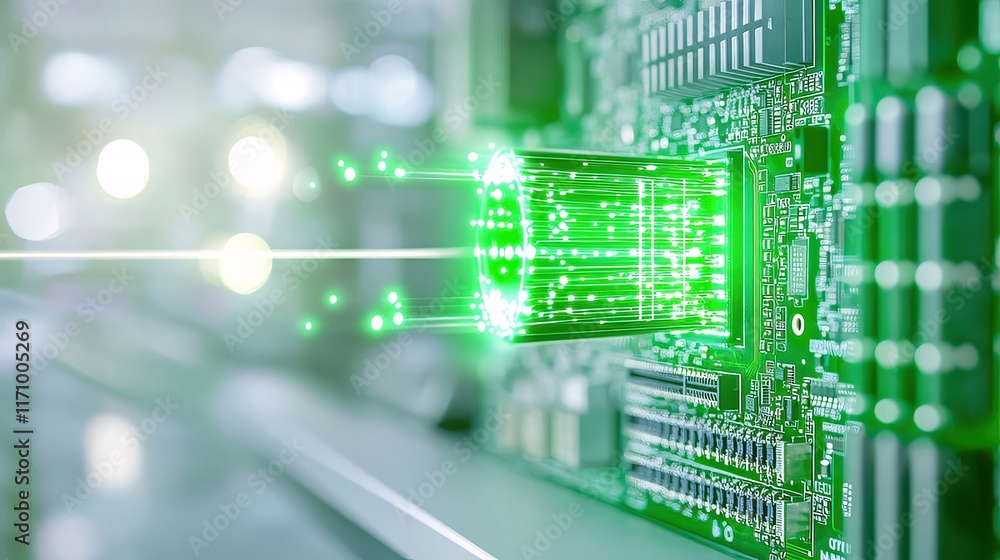 Aufkleber green glowing data streams from a circuit board's chip.