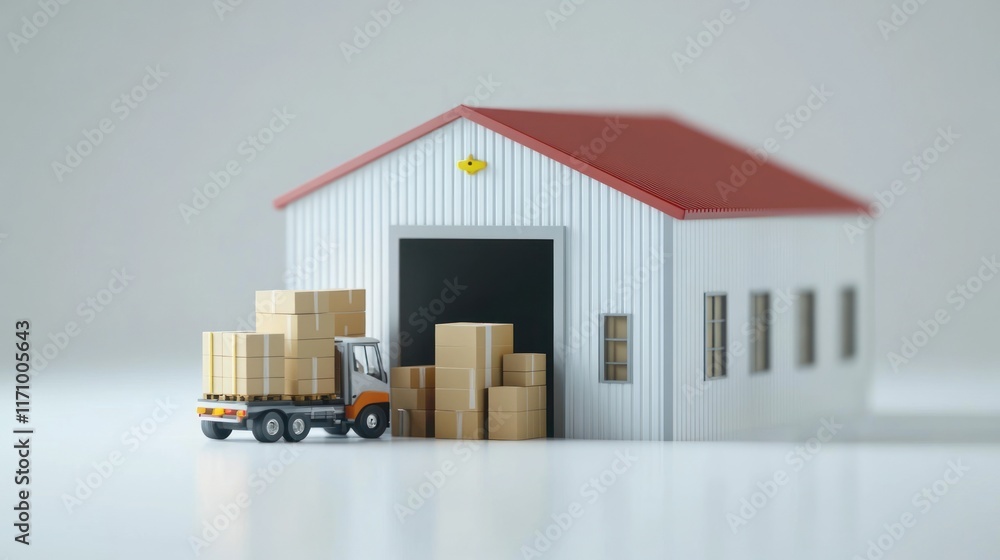 Poster miniature warehouse with forklift unloading cardboard boxes.
