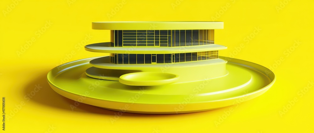 Poster Minimalist yellow model of a three-story building on a circular base.