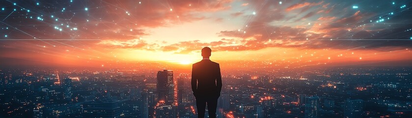 Fototapeta premium Silhouette of a businessman standing tall, looking out over a futuristic city with digital networks and glowing data points, sunset sky, symbolizing urban tech advancement