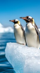 Obraz premium Two penguins standing on top of an iceberg in the ocean