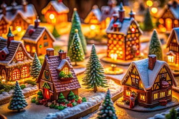 Fototapeta premium Miniature Gingerbread Village, Festive Holiday Baking, Sweet Treats, Christmas Cookies, Tilt-Shift Photography