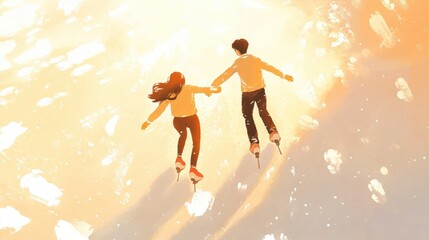 Naklejka premium Lovely couple skate together on ice surface.