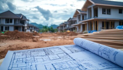 Worker analyzing blueprints for house construction, construction site background, building materials, architectural plans on table, ongoing project development, team collaboration