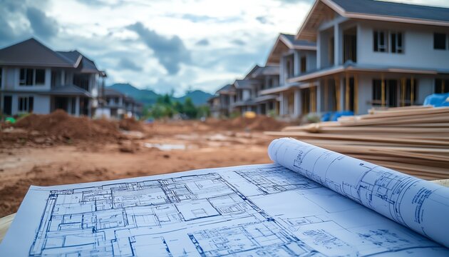 Worker analyzing blueprints for house construction, construction site background, building materials, architectural plans on table, ongoing project development, team collaboration