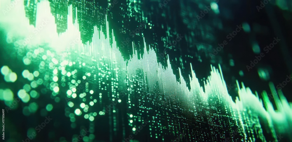 Poster Abstract green data visualization with glowing particles and lines, depicting a dynamic wave pattern.